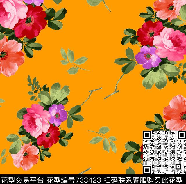 蓝底花朵.jpg - 733423 - 绣球花 花卉 玫瑰 - 数码印花花型 － 女装花型设计 － 瓦栏