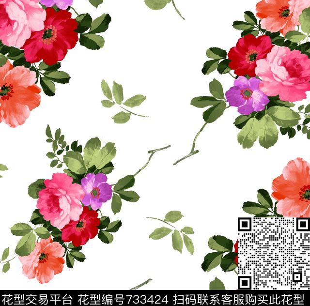 蓝底花朵2.jpg - 733424 - 绣球花 花卉 玫瑰 - 数码印花花型 － 女装花型设计 － 瓦栏
