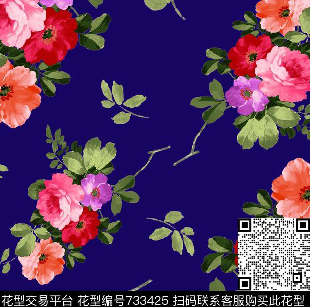 蓝底花朵3.jpg - 733425 - 绣球花 花卉 玫瑰 - 数码印花花型 － 女装花型设计 － 瓦栏