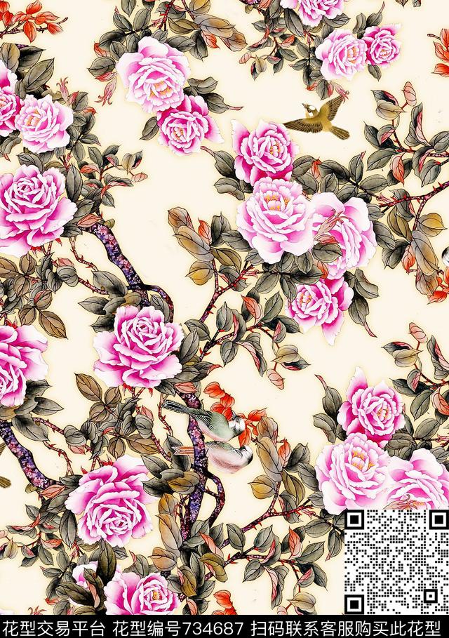 复古中国风玫瑰花.jpg - 734687 - 玫瑰 牡丹 大花 - 数码印花花型 － 女装花型设计 － 瓦栏