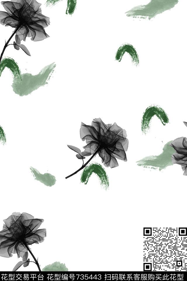 水墨花卉搭配青岩笔触.jpg - 735443 - 中国风 水墨 花朵 - 数码印花花型 － 女装花型设计 － 瓦栏