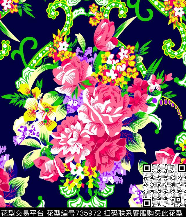 07362.tif - 735972 - 花卉 中老年衣裙 欧式 - 传统印花花型 － 泳装花型设计 － 瓦栏