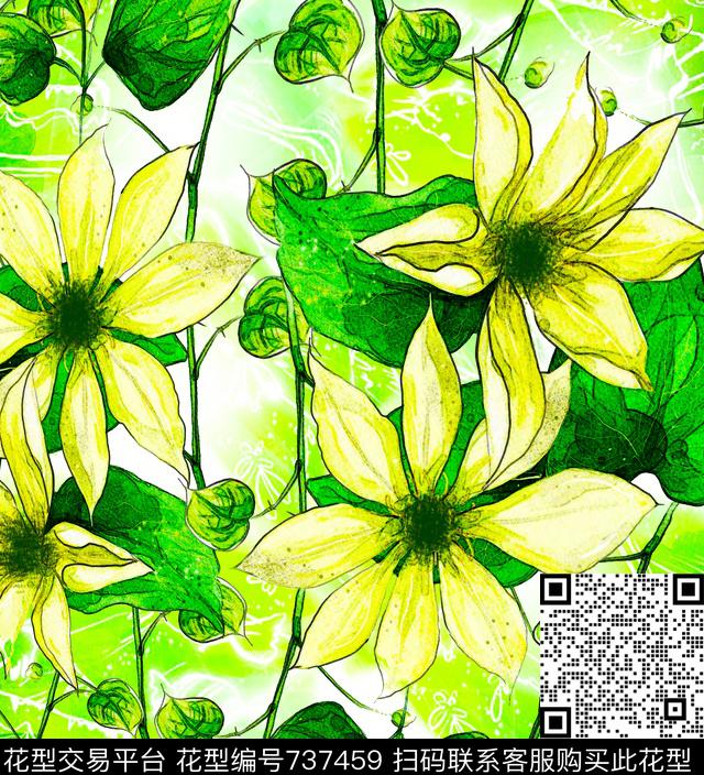 手绘风格青绿花卉.jpg - 737459 - 百合 水彩水墨 手绘花卉 - 数码印花花型 － 女装花型设计 － 瓦栏