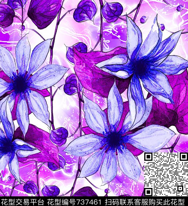 手绘风格紫水晶花卉.jpg - 737461 - 百合 水彩水墨 手绘花卉 - 数码印花花型 － 女装花型设计 － 瓦栏