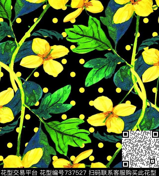 手绘效果小黄花系列.jpg - 737527 - 波点 手绘花卉 玉兰花 - 数码印花花型 － 女装花型设计 － 瓦栏