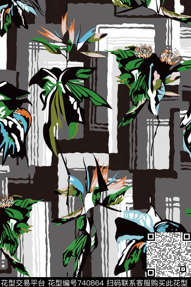花叶格.jpg - 740864 - 植物纹 抽象肌理 色彩 - 传统印花花型 － 女装花型设计 － 瓦栏