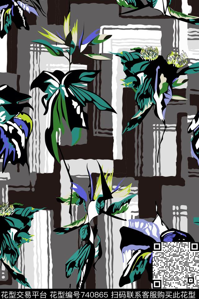花叶格配色.jpg - 740865 - 植物纹 抽象肌理 色彩 - 传统印花花型 － 女装花型设计 － 瓦栏