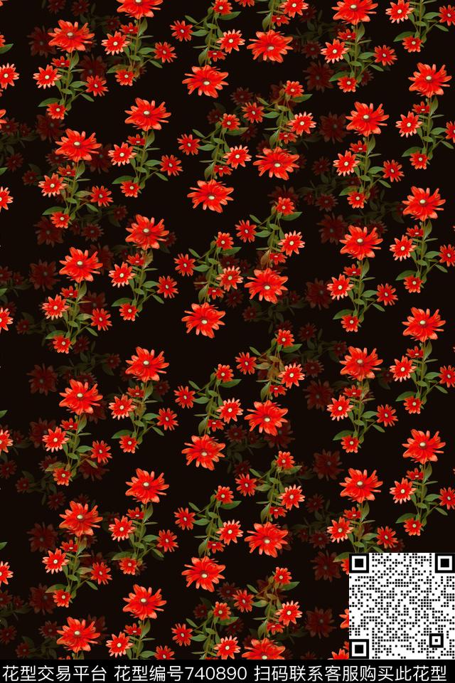 黑-橙红.jpg - 740890 - 血红 花卉 透明花 - 数码印花花型 － 女装花型设计 － 瓦栏