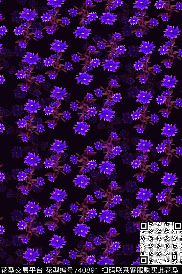 黑-蓝.jpg - 740891 - 血红 花卉 透明花 - 数码印花花型 － 女装花型设计 － 瓦栏