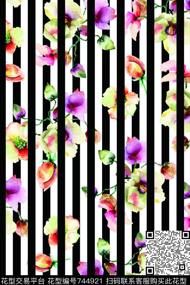 条纹与花朵 2CM条 瓦栏.jpg - 744921 - 大花 花朵 花卉 - 数码印花花型 － 女装花型设计 － 瓦栏