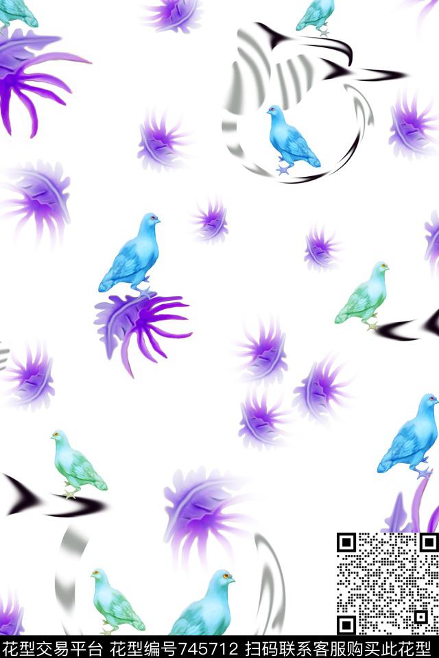 优雅鸽子窗帘a.jpg - 745712 - 鸽子趣味印花窗帘白色紫色 - 数码印花花型 － 窗帘花型设计 － 瓦栏
