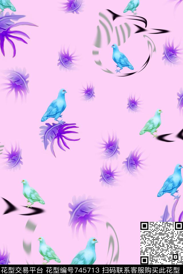优雅鸽子窗帘b.jpg - 745713 - 鸽子趣味印花窗帘白色紫色 - 数码印花花型 － 窗帘花型设计 － 瓦栏