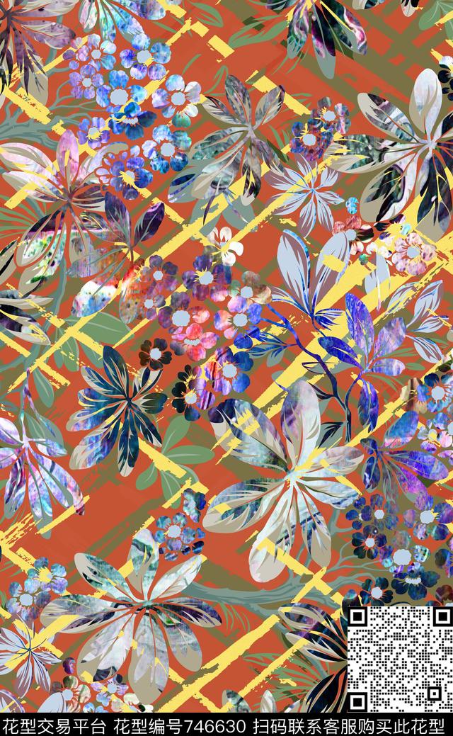 1225-102.jpg - 746630 - 花朵 花卉几何 格子 - 数码印花花型 － 女装花型设计 － 瓦栏