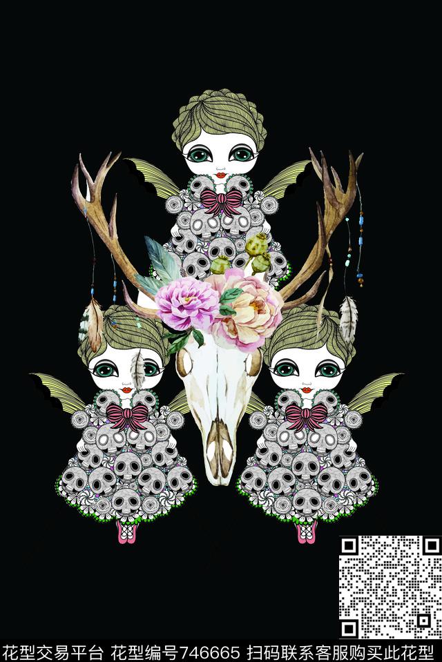 暗黑恐怖鬼娃.jpg - 746665 - 趣味 骷髅 鬼娃牛头 - 传统印花花型 － 女装花型设计 － 瓦栏