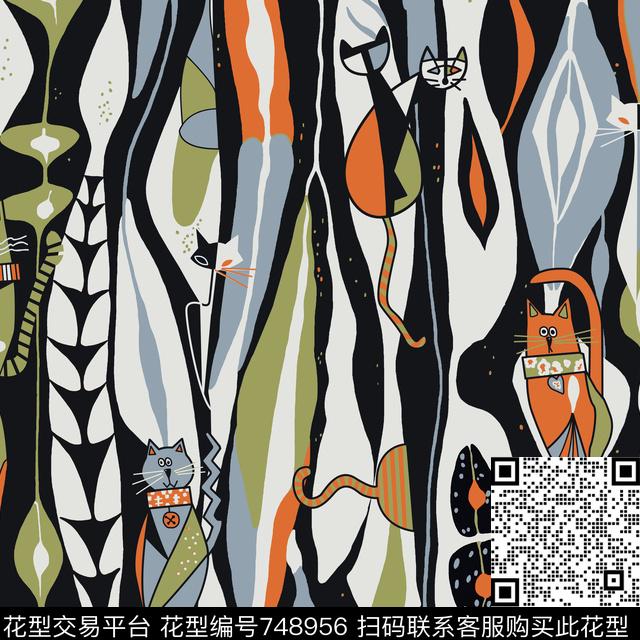 022.tif - 748956 - 树叶 猫和叶子 抽象动物 - 传统印花花型 － 女装花型设计 － 瓦栏