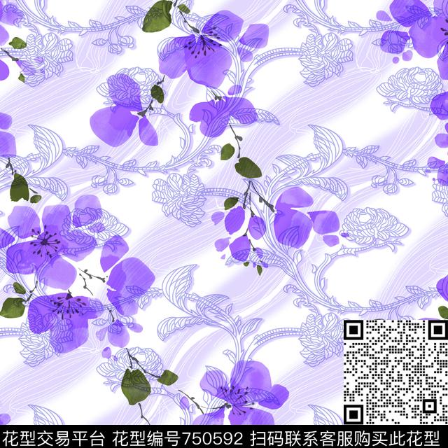 TY0012-1.jpg - 750592 - 淡雅梅花 飘逸底纹 - 数码印花花型 － 方巾花型设计 － 瓦栏