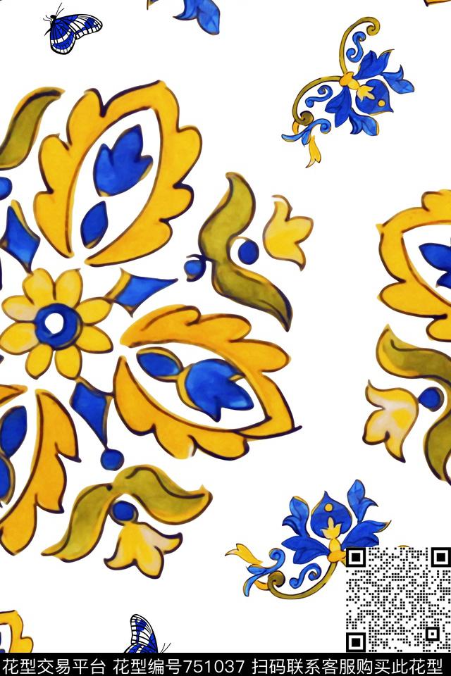 YD00060050-01.jpg - 751037 - 青花瓷图案 中国风 蝴蝶 - 数码印花花型 － 女装花型设计 － 瓦栏