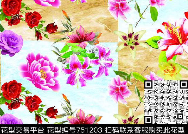 欧美拼图.tif - 751203 - 百合 玫瑰 大花 - 传统印花花型 － 窗帘花型设计 － 瓦栏