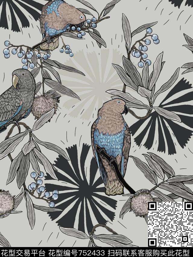 花鸟版画－03-1.tif - 752433 - 鸟 创意 抽象花卉 - 数码印花花型 － 女装花型设计 － 瓦栏