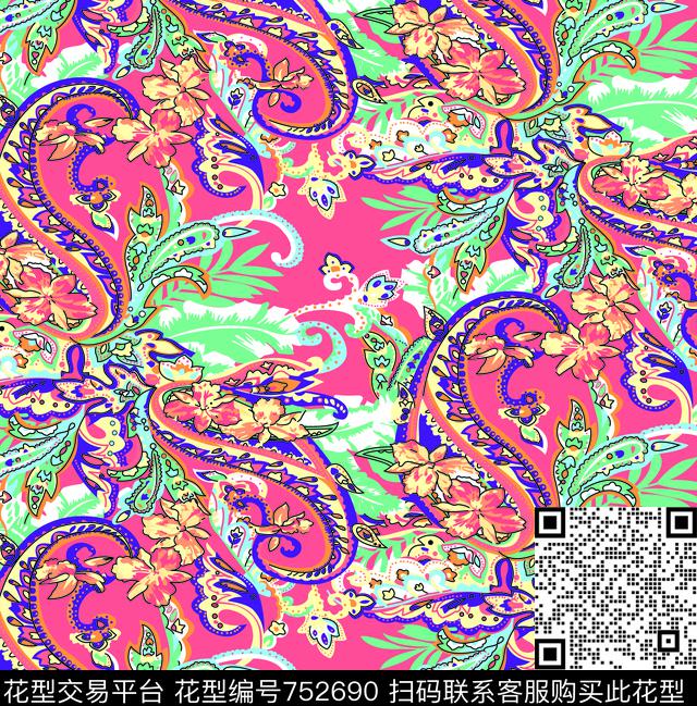 红花.tif - 752690 - 火腿花 腰果 佩斯利 - 传统印花花型 － 女装花型设计 － 瓦栏