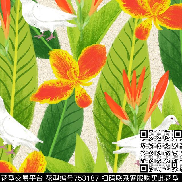 20161126 1.tif - 753187 - 美人蕉 白鸽 手绘 - 数码印花花型 － 方巾花型设计 － 瓦栏