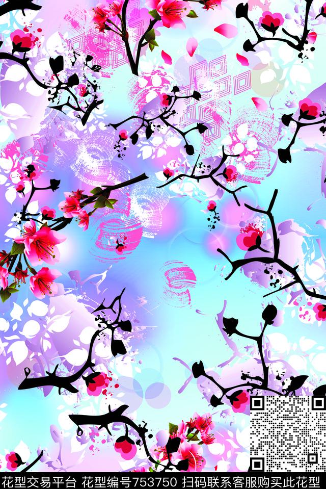桃花-彩色底.jpg - 753750 - 桃花 花朵 花卉 - 数码印花花型 － 女装花型设计 － 瓦栏