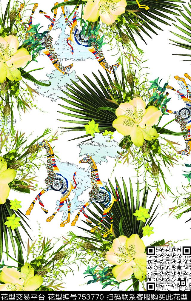 棕榈花-白底.jpg - 753770 - 花卉 棕榈花 - 数码印花花型 － 女装花型设计 － 瓦栏