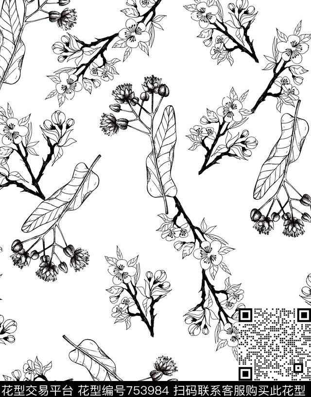 hyl0038.jpg - 753984 - 花卉 黑白花 树叶 - 传统印花花型 － 女装花型设计 － 瓦栏
