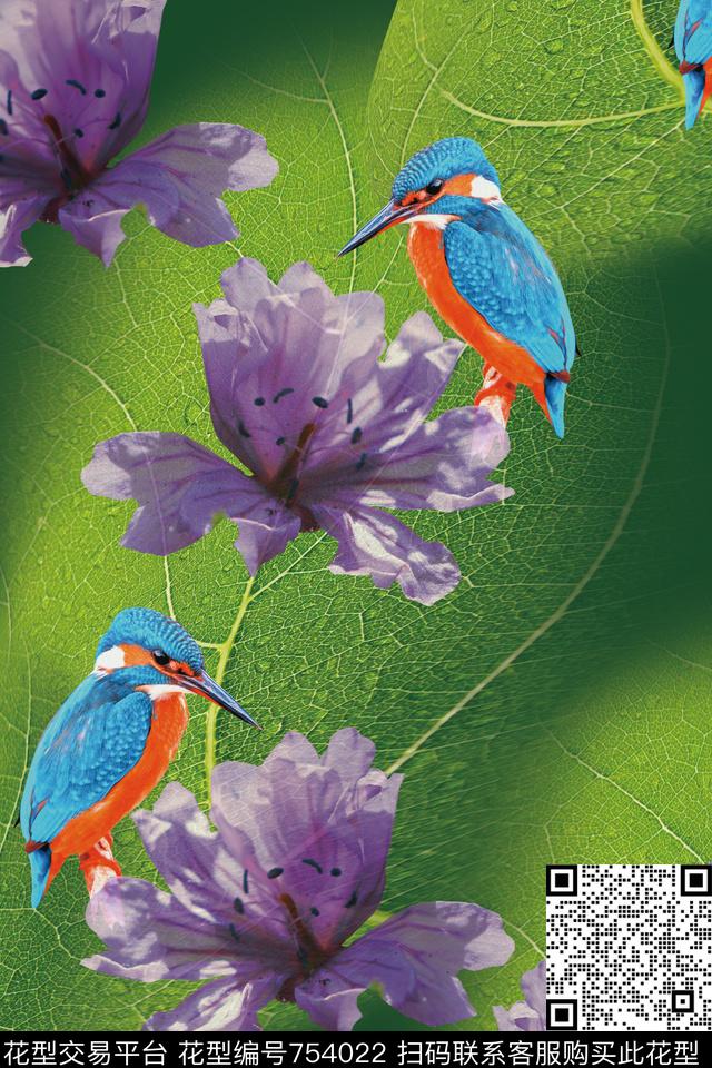 林间翠鸟1.jpg - 754022 - 春天 翠鸟 林间 - 数码印花花型 － 女装花型设计 － 瓦栏