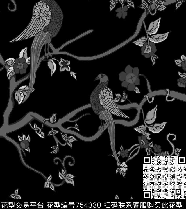 鸟黑白.jpg - 754330 - 鸟 DG gucci - 数码印花花型 － 男装花型设计 － 瓦栏