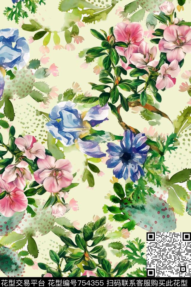 绿光 花卉 暖意.jpg - 754355 - 浅底 手绘 花卉组合 - 数码印花花型 － 女装花型设计 － 瓦栏