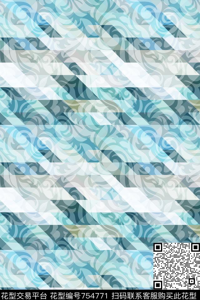 20161206-卷草几何格纹.jpg - 754771 - 格纹 海洋 花纹 - 传统印花花型 － 床品花型设计 － 瓦栏