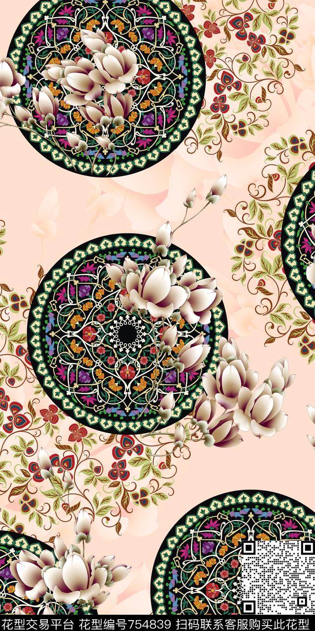 复古圆形花卉.jpg - 754839 - 复古 圆形民族风图案 古典花卉 - 数码印花花型 － 女装花型设计 － 瓦栏