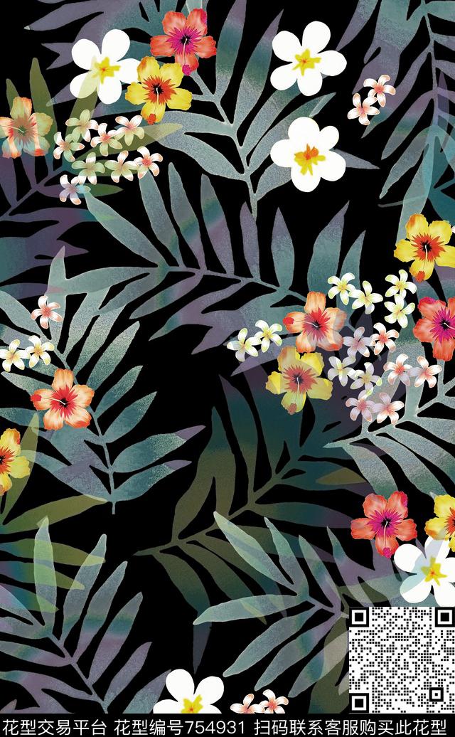 热带植物－7.22 2.tif - 754931 - 叶子 小碎花 花朵 - 数码印花花型 － 女装花型设计 － 瓦栏