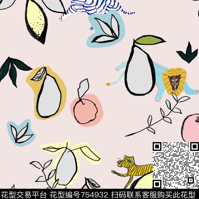 水果花版01.tif - 754932 - 手绘 抽象水果 动物 - 传统印花花型 － 女装花型设计 － 瓦栏