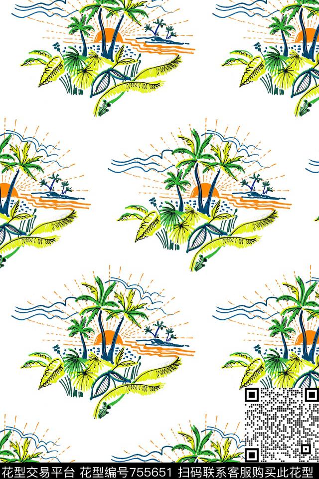 20161206-夏日沙滩椰树.jpg - 755651 - 沙滩 阳光 椰树 - 数码印花花型 － 男装花型设计 － 瓦栏