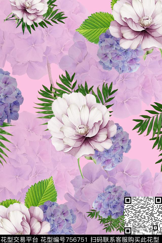 花丛.jpg - 756751 - 绣球花 花卉 - 数码印花花型 － 女装花型设计 － 瓦栏