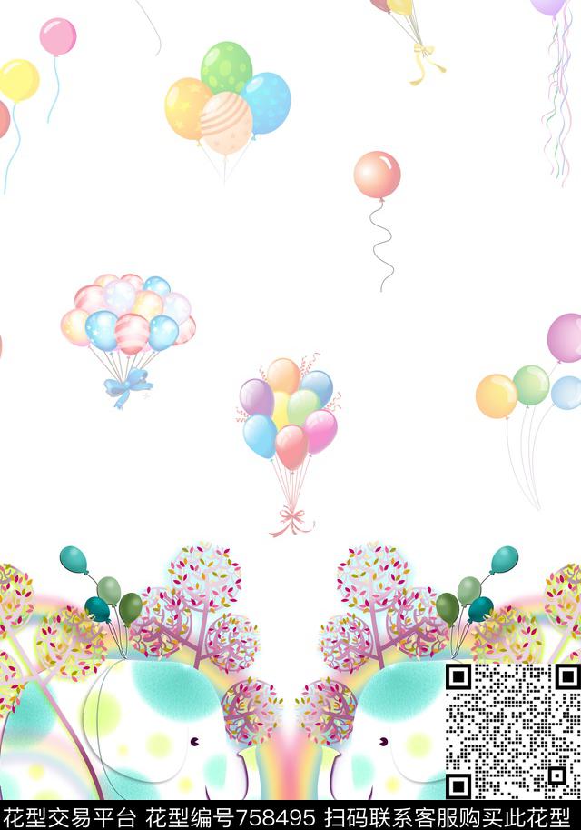 彩色大象气球民族卡通定位图.jpg - 758495 - 定位动物纹 音乐符号 大象 - 数码印花花型 － 童装花型设计 － 瓦栏