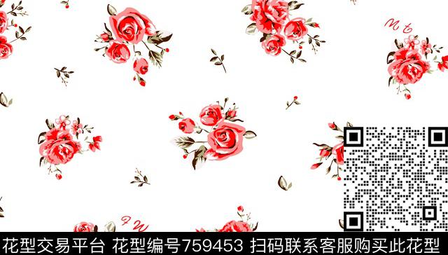 07377.tif - 759453 - 小清新 玫瑰花 小碎花 - 传统印花花型 － 泳装花型设计 － 瓦栏