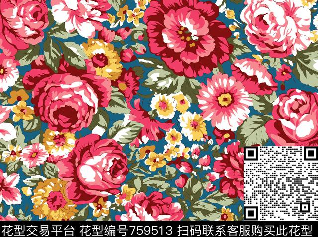 07387.tif - 759513 - 小碎花 欧式 玫瑰花 - 传统印花花型 － 泳装花型设计 － 瓦栏