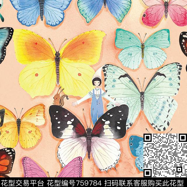 五彩蝴蝶.tif - 759784 - 卡通 1/2跳接 人物 - 数码印花花型 － 女装花型设计 － 瓦栏