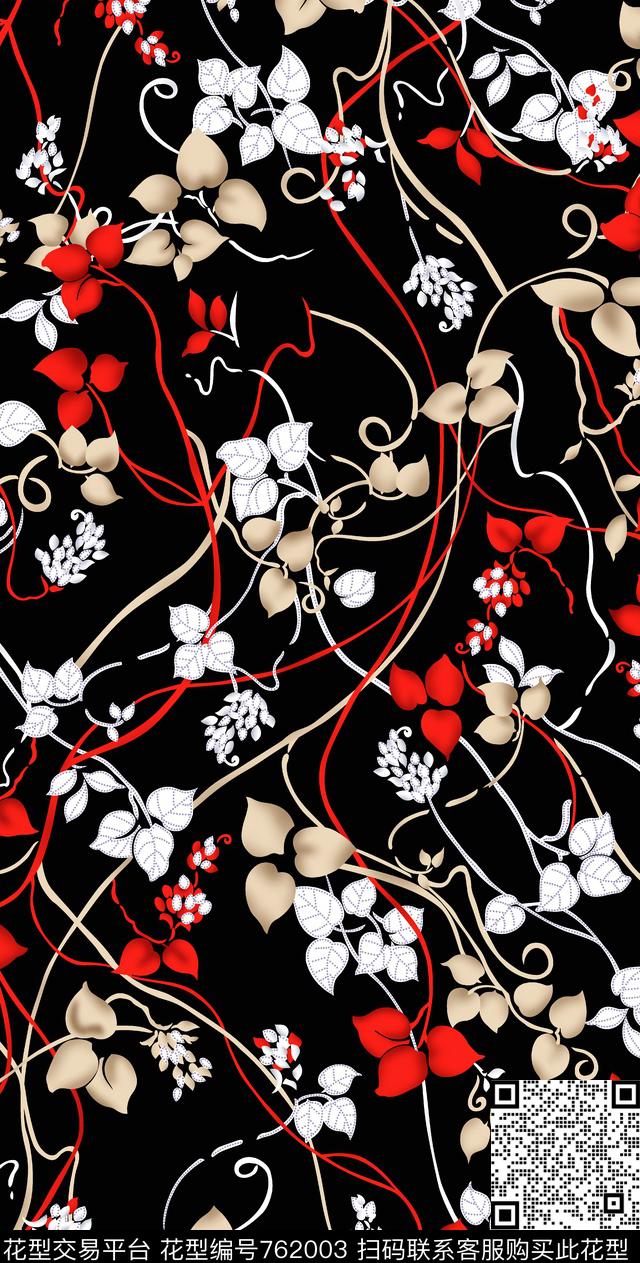 手绘复古线条花.jpg - 762003 - 小碎花 大花 花朵 - 传统印花花型 － 女装花型设计 － 瓦栏