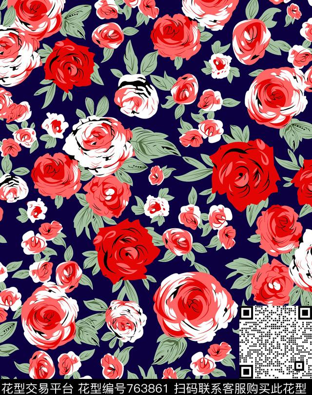 07384.tif - 763861 - 玫瑰花 中老年衣裙 大牌流行 - 传统印花花型 － 泳装花型设计 － 瓦栏