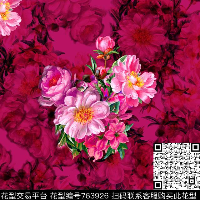 Y-1018-1.tif - 763926 - 抽象花卉 大方巾 花卉 - 数码印花花型 － 方巾花型设计 － 瓦栏