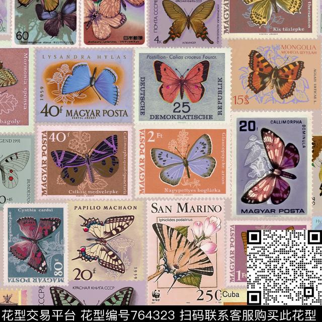 蝴蝶邮票1-四周接版 咖色2.tif - 764323 - 肌理 水墨 笔触 - 数码印花花型 － 墙纸花型设计 － 瓦栏