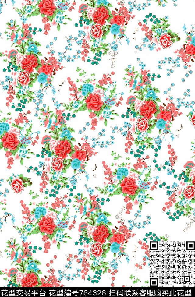 07400.tif - 764326 - 小碎花 花卉 少女衣裙系列 - 传统印花花型 － 泳装花型设计 － 瓦栏
