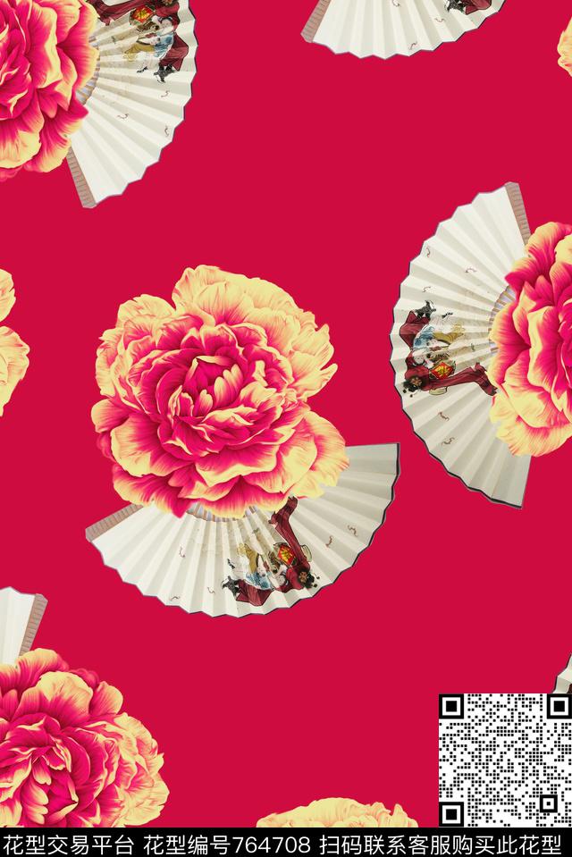 80.jpg - 764708 - 牡丹 扇子 中国风 - 数码印花花型 － 女装花型设计 － 瓦栏