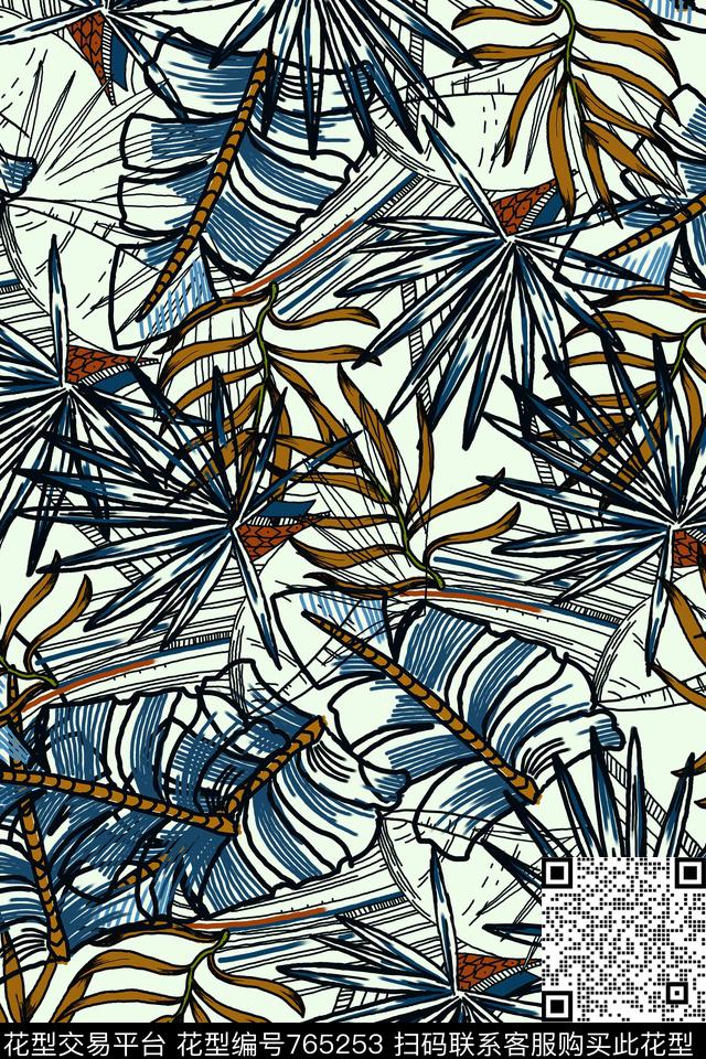 热带棕榈剑叶.jpg - 765253 - 色块 天堂花 热带雨林、棕榈、剑叶 - 传统印花花型 － 女装花型设计 － 瓦栏