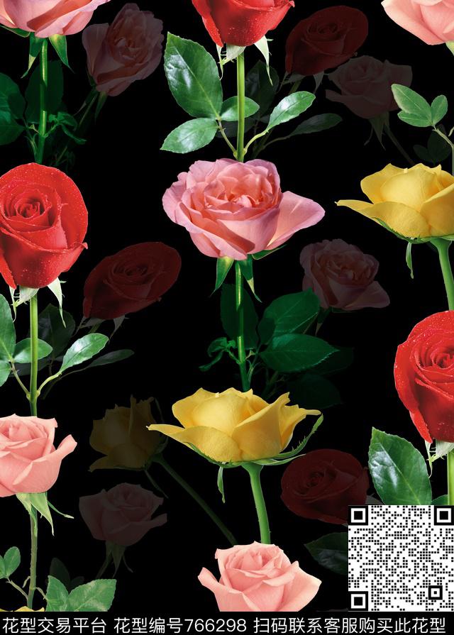 玫瑰.jpg - 766298 - 大花 花朵 玫瑰 - 数码印花花型 － 女装花型设计 － 瓦栏
