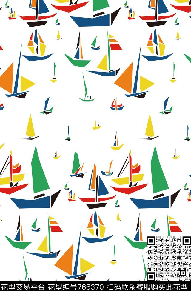 帆船.psd - 766370 - 几何 帆船 风景 - 传统印花花型 － 童装花型设计 － 瓦栏